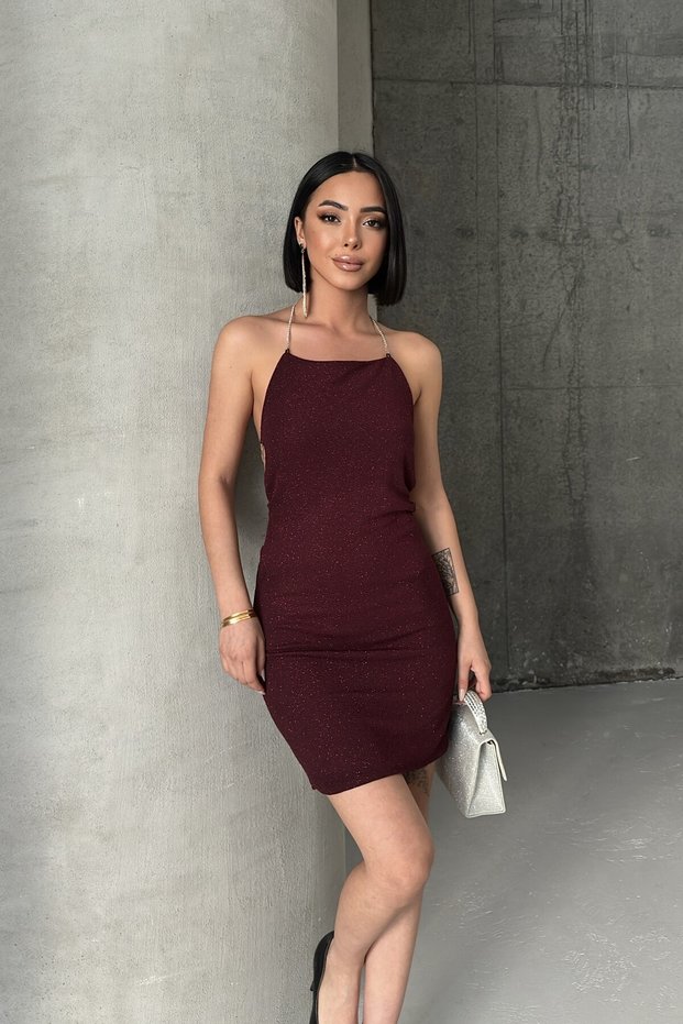 New Year's Special Low-Cut Back and Stone Chain Detailed Burgundy Dress