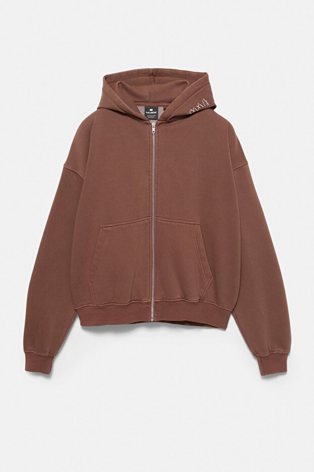 Kapüşonlu Fermuarlı Nakışlı Sweatshirt - 7