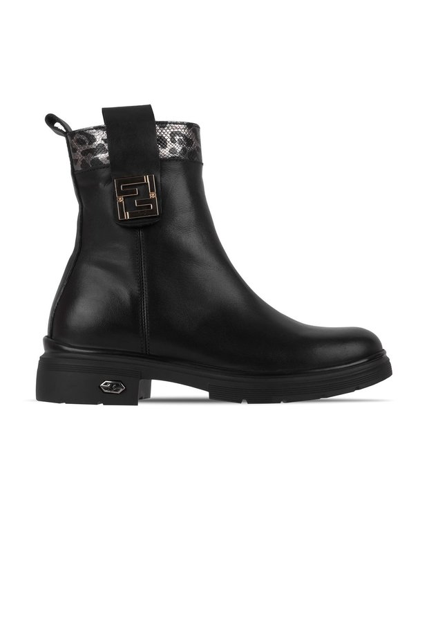 Risus Women's Genuine Leather Side Buckle Detailed Zippered Boots (4201)-Black