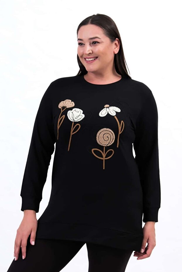 Women's Plus Size Crystal Fabric Crew Neck Floral Embroidered Slit Hijab Tunic