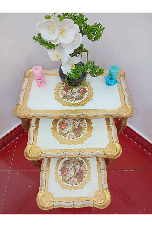 L&M Italian Dania White Wooden Tris Table set