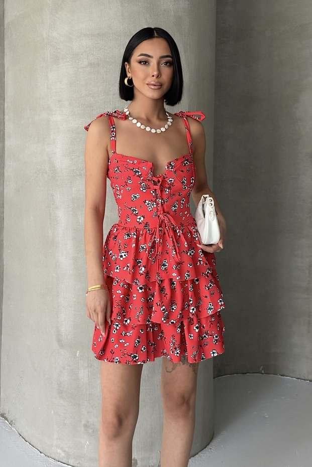 Strappy Dress Skirt Flounce Dress Chest Padded Red Mini Dress Floral Dress Patterned Dress