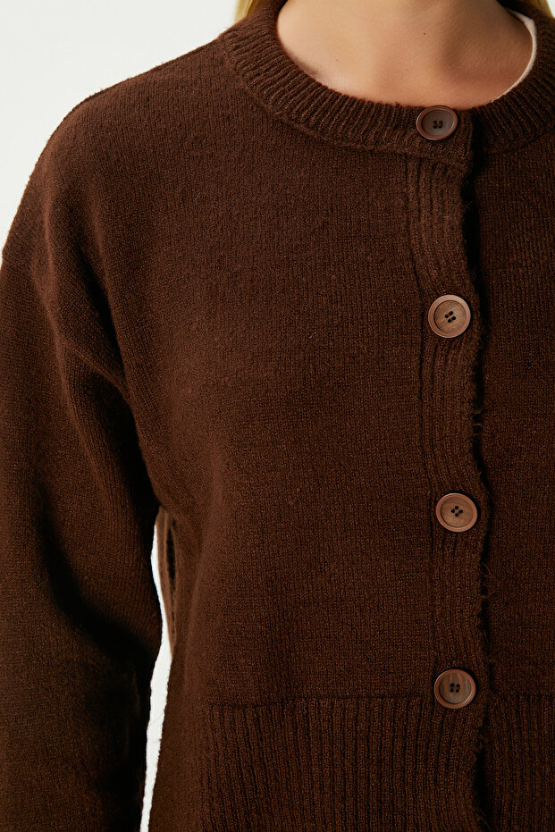 Kadın Keep Yan Yırtmaçlı Yumuşak Dokulu Kahverengi Basic Triko Hırka 70145 - 4