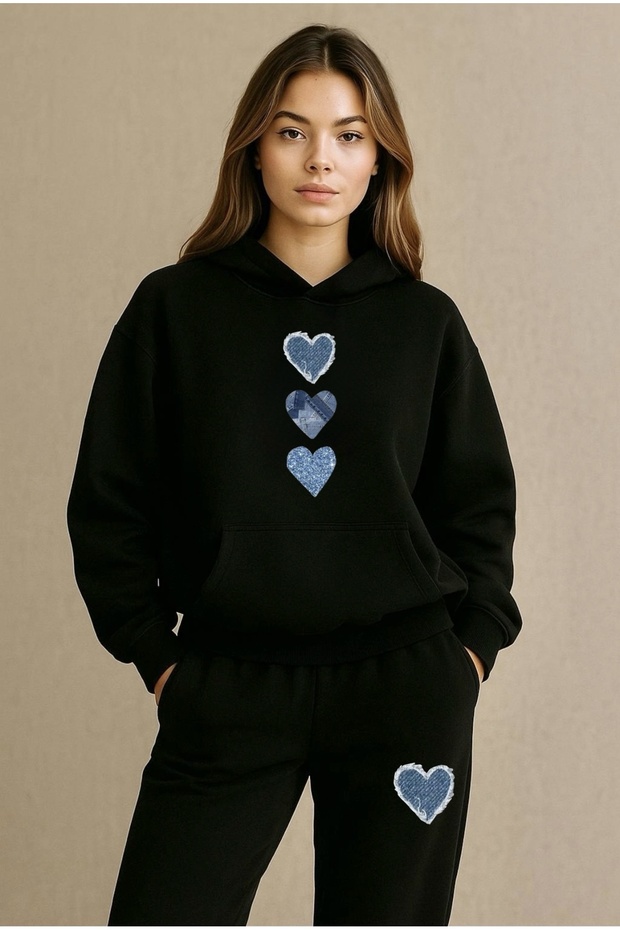 Denim Heart Printed Unisex Women/Men Hooded Oversize Bottom/Top Tracksuit Set