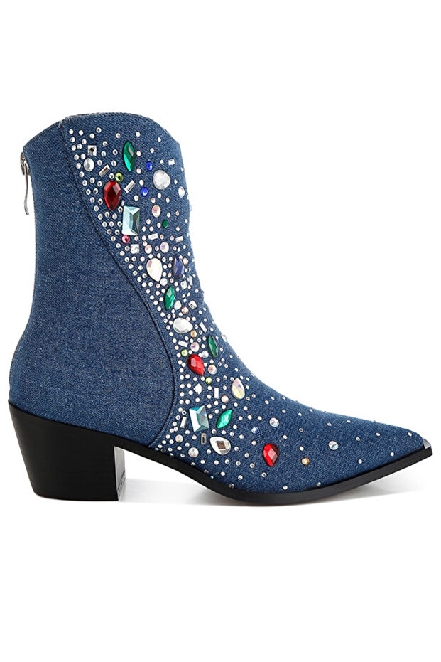 Women Multi Color Stones Embellished Boots in Dark Blue