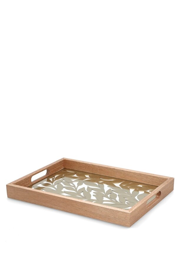 Statement Servi Wooden Serving Tray with Rectangular Leaf Design, Brown and White 220543M-L - 1