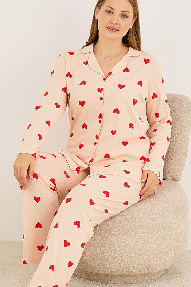 somon pamuklu kalp desenli uzun kollu düğmeli pijama takımı - 1