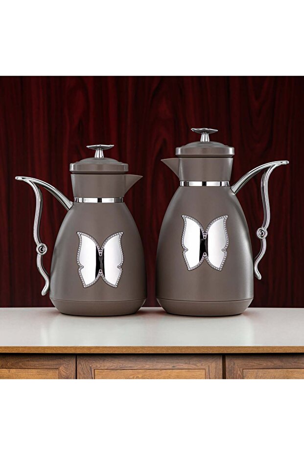 Vacuum Flask Set Plastic Push Button 0.7 L + 1 L Coffee & Silver