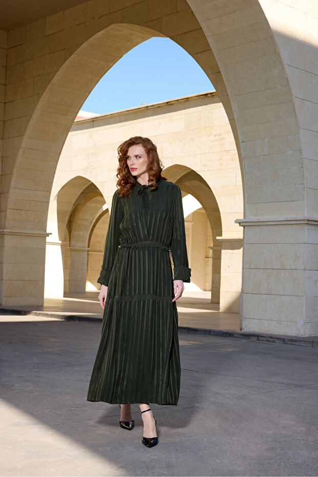 Çizgili Cupro Elbise - 2