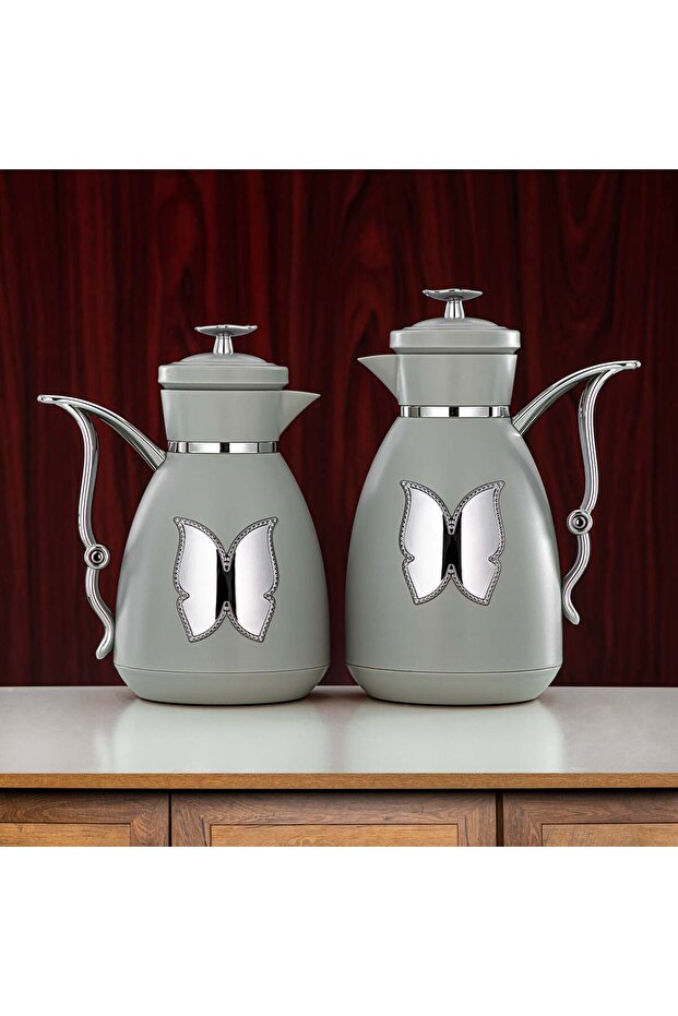 Vacuum Flask Set Plastic Push Button 0.7 L + 1 L Light Grey & Silver