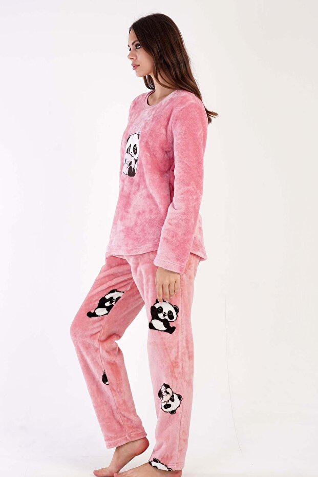 Kadın Pembe Renk Welsoft Uzun Kollu Bisiklet Yaka Düz Paça Pijama Takımı C3T3N0403 - 3