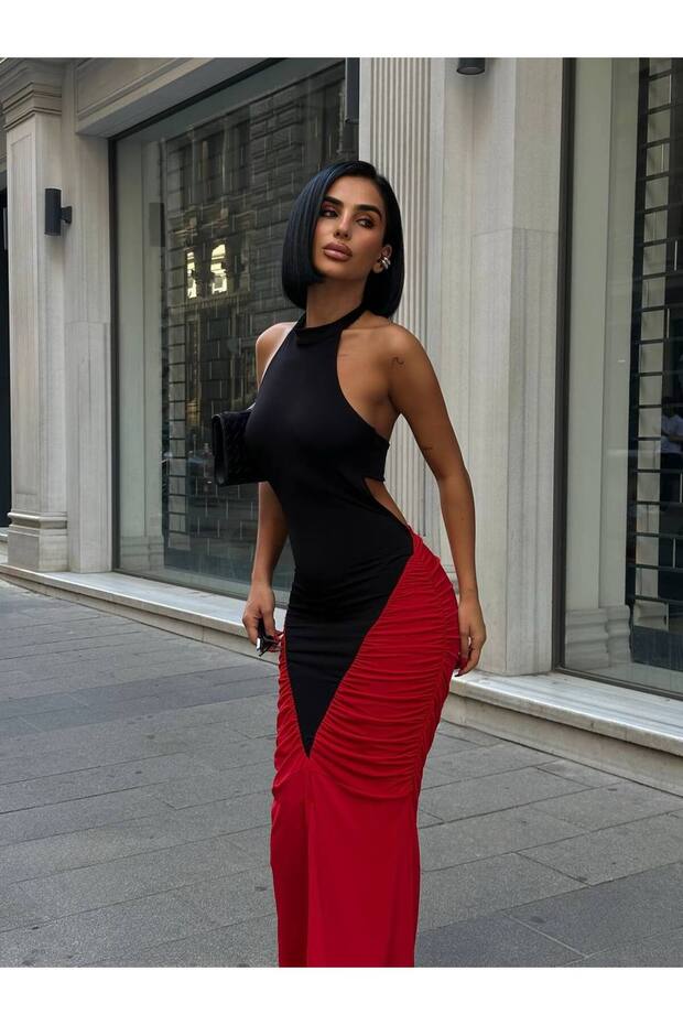 Red Black Color Block Slit Long Evening Dress Low Back Evening Gown