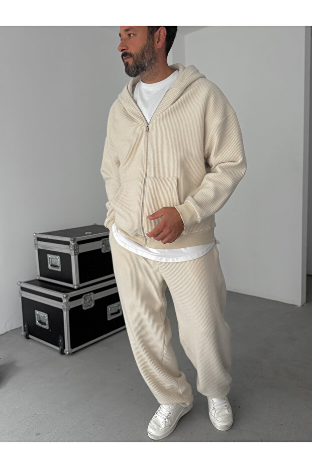 Bej Jakarlı Kapüşonlu Sweatshirt HM-0013 - 8