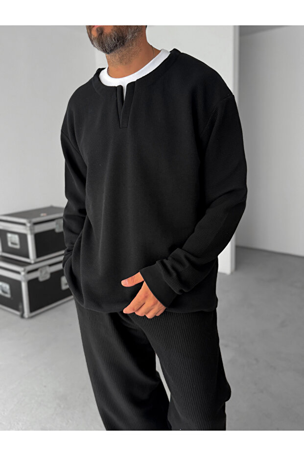Siyah V Yaka Waffle Sweatshirt HM-0005 - 2