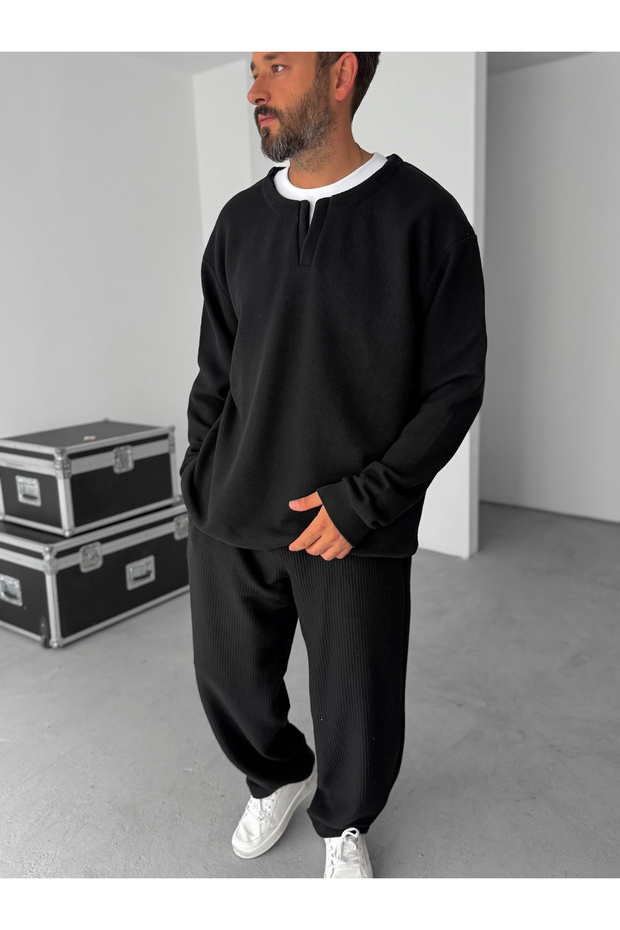 Siyah V Yaka Waffle Sweatshirt HM-0005 - 5