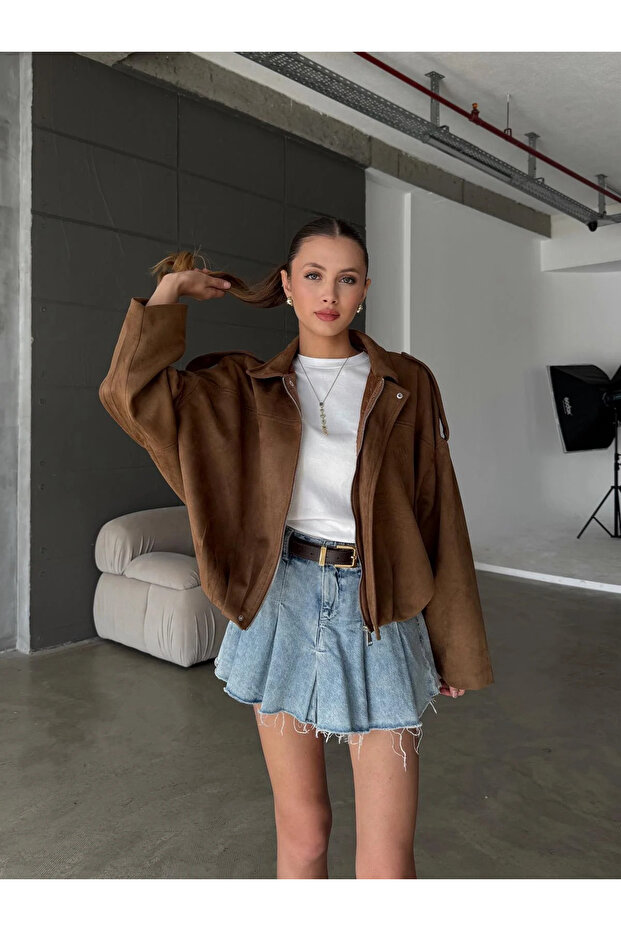 Zippered and Snap Fastened Suede Bomber Jacket