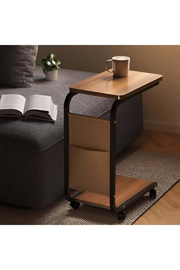 Movable Side Service Table with Wheels for Small Spaces, Wooden Table with Metal Frame for Bedroom, - 1