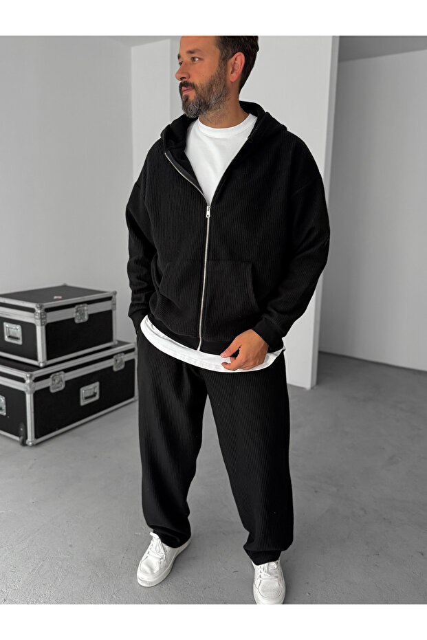 Siyah Jakarlı Kapüşonlu Sweatshirt HM-0013 - 5