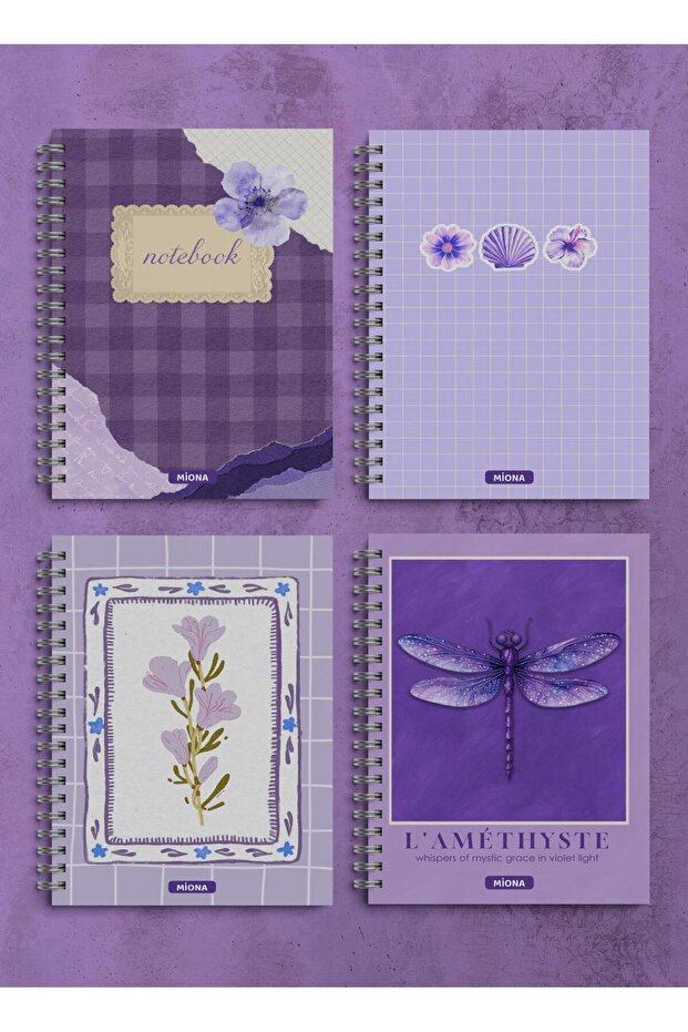 A5 Spiral School Notebook 60 Sheets Set of 4 Purple Themed 2 Squared - 2 Lined, Notebook, Notebook