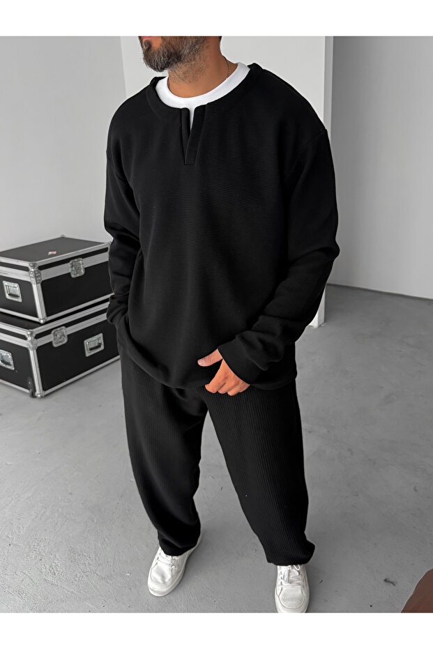 Siyah V Yaka Waffle Sweatshirt HM-0005 - 4