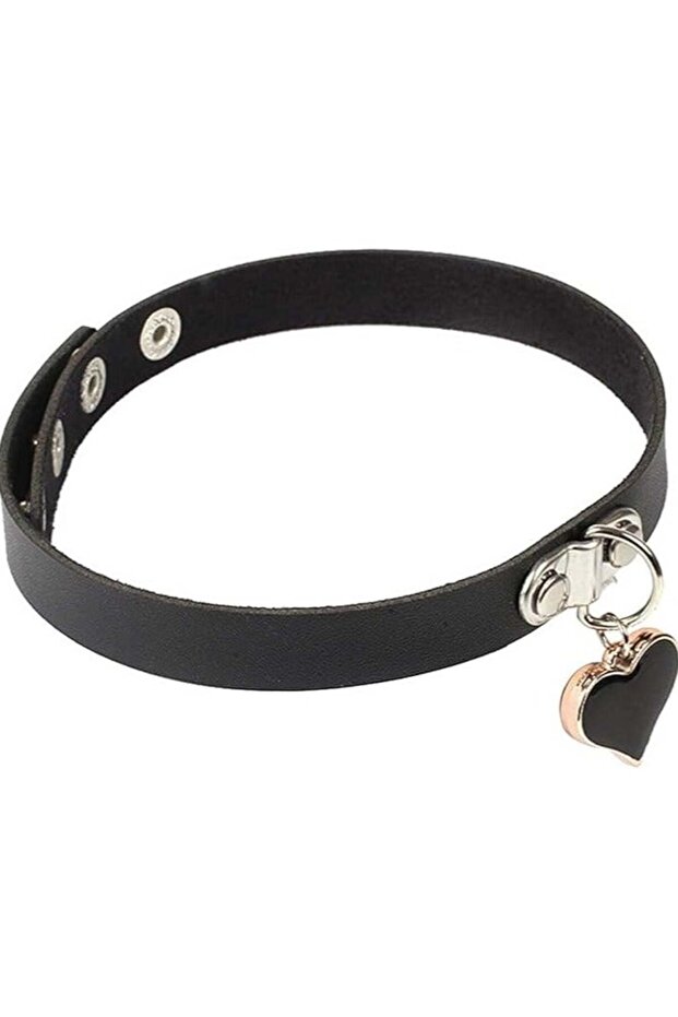 Black Faux Leather Choker Necklace With Dangling Heart Pendant