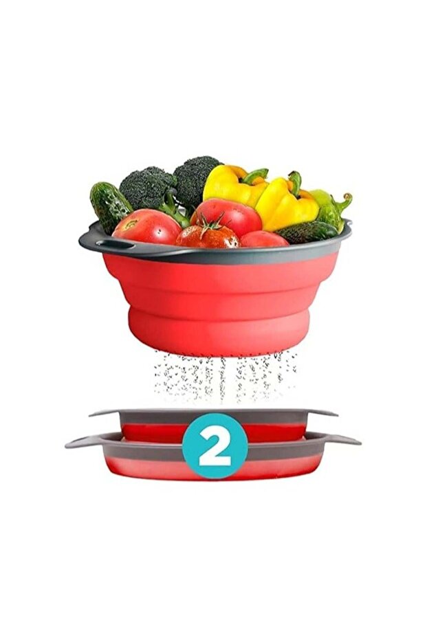 Food-Grade Silicone Round Collapsible Colander Kitchen Strainer (2Pcs - Red)