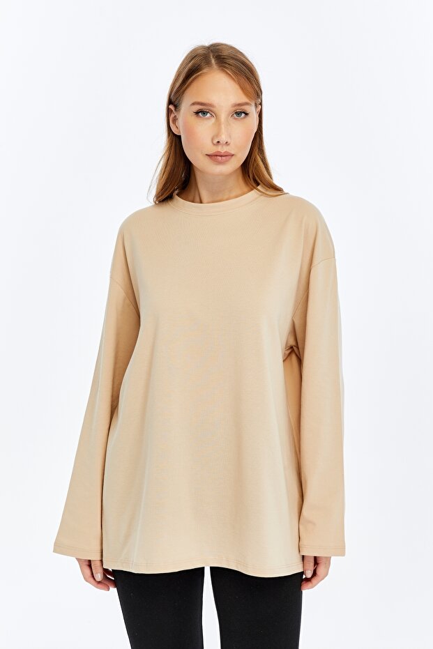 Clasy Beige Lacost Fabric Long Sleeve Crew Neck Basic Oversize T-Shirt