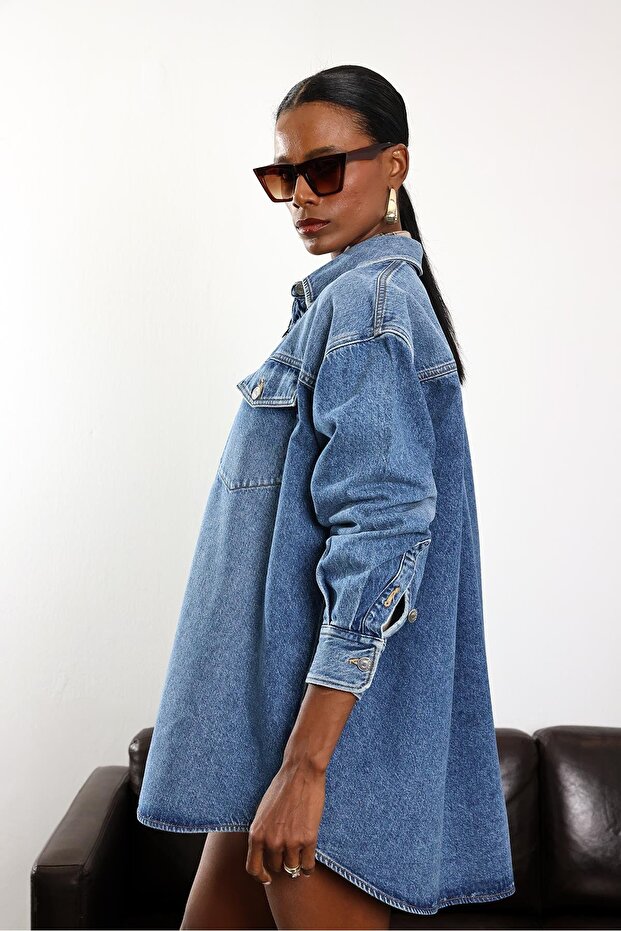 Mavi Oversize Kot Gömlek - 4