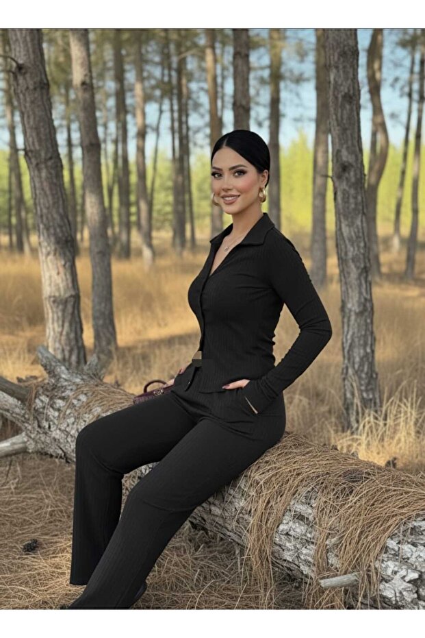 Polo Collar Half-Button Closure Finger-Loop Blouse Elasticized Size Pocketed Flowy Pants Set - 4