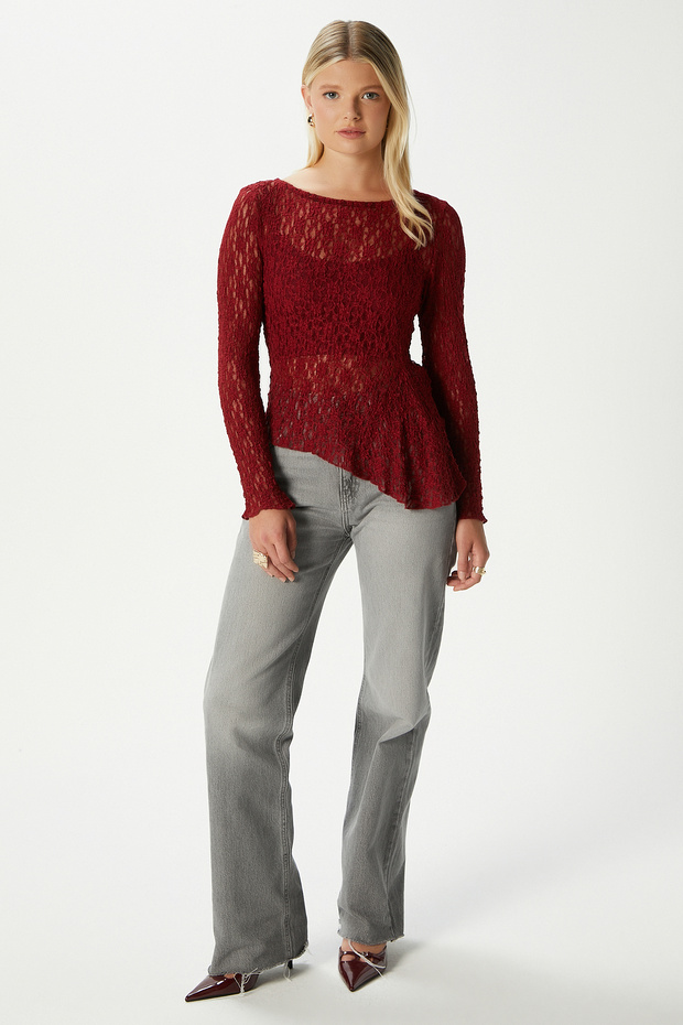 Angel Asymmetrical Burgundy Long Sleeve Lace Top / Blouse
