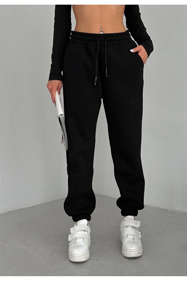 Women's Black Three-Thread Ribbed Sweatpants with Elastic Waist and Cuffs