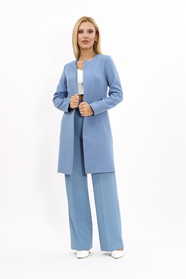 Zero Collar Plain Long Jacket & Wide Leg Trousers-Navy - 1005520