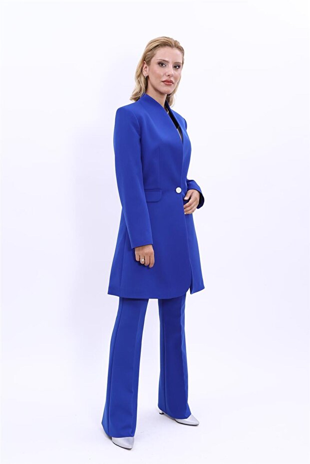 Self-Standing Collar Single Button Long Jacket & Spanish Flare Trousers-Sax - 1074530