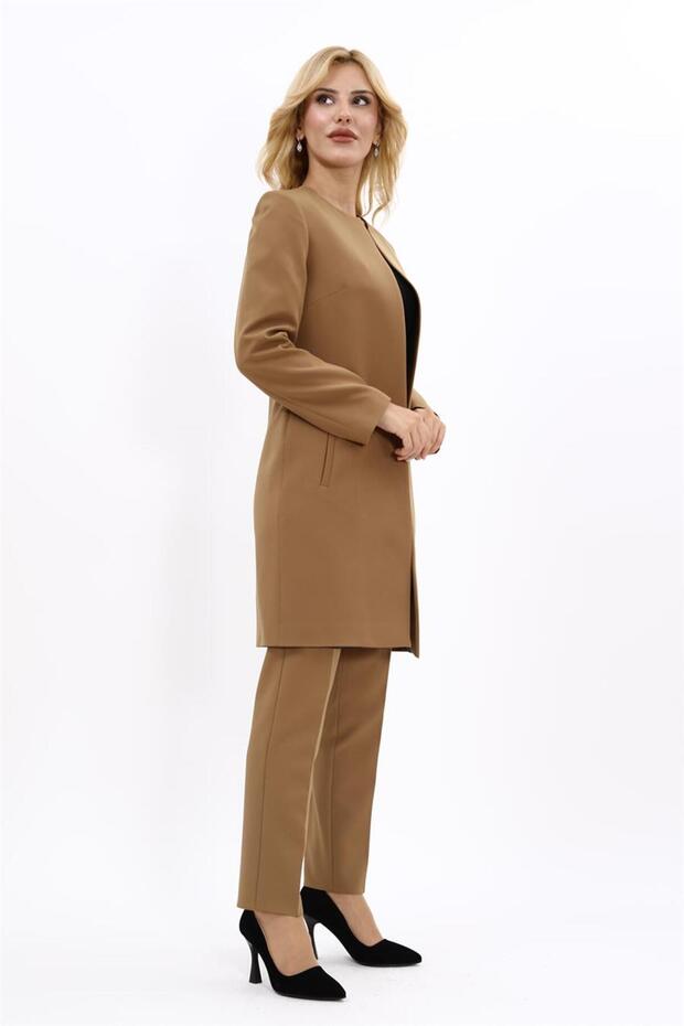 Sıfır Yaka Düz Uzun Ceket & Dar Paça Pantolon-Camel - 3