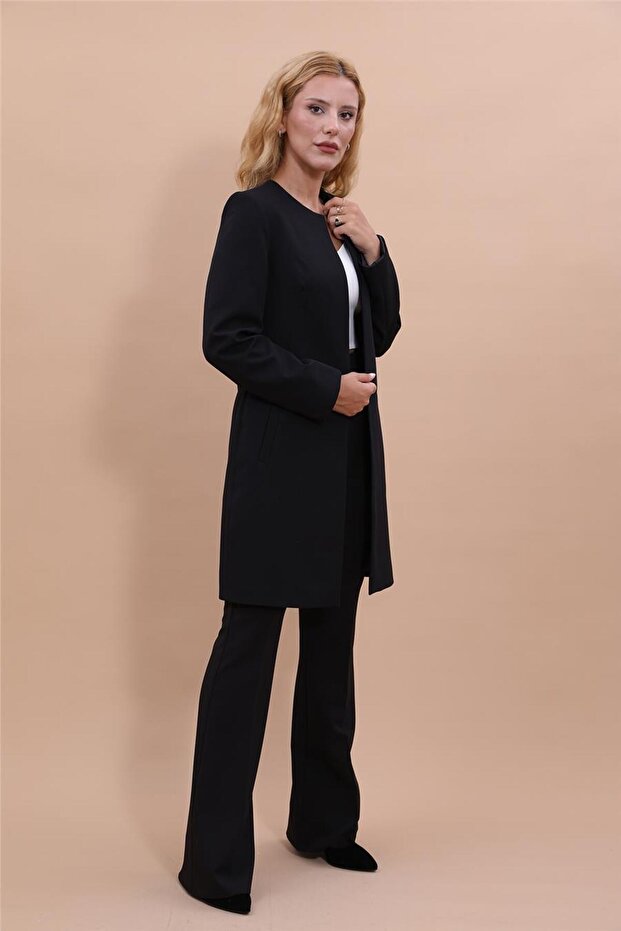 Zero Collar Plain Long Jacket & Spanish Flare Trousers-Black - 1005530