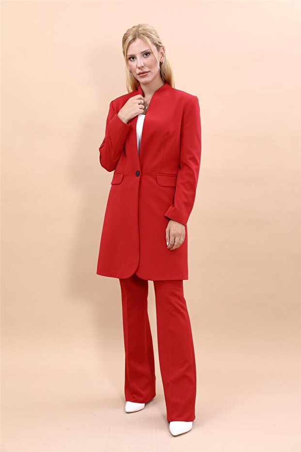 مقاس كبير - سترة طويلة بدون ياقة وبنطلون واسع - أحمر - 5