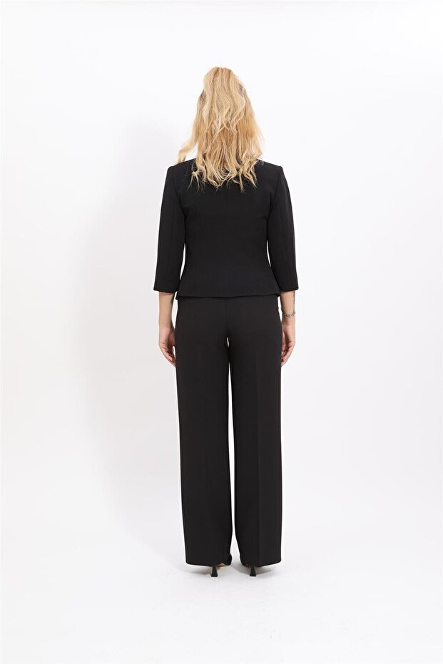 Zero Collar Plain Short Jacket & Wide Leg Pants Set - Black - 1015520