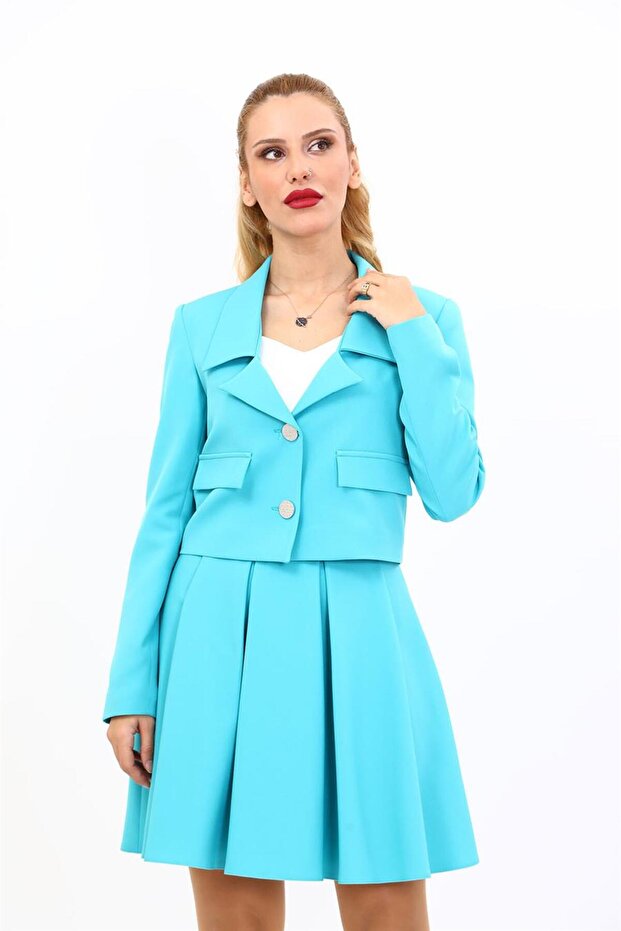 Shirt Collar Short Jacket-Turquoise - 1055100
