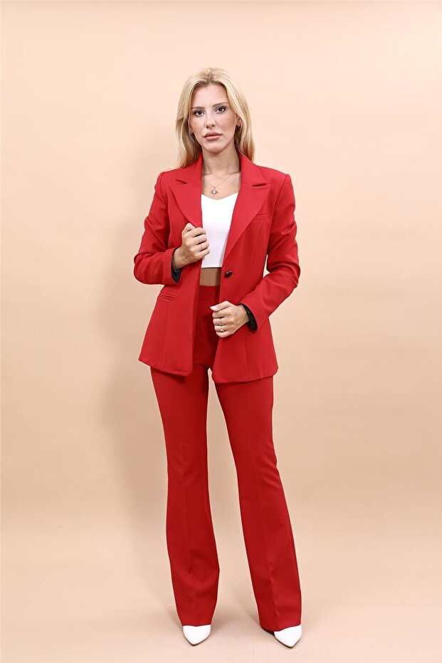 Men's Lapel Single Button Classic Jacket & Flared Trousers-Red - 1025530
