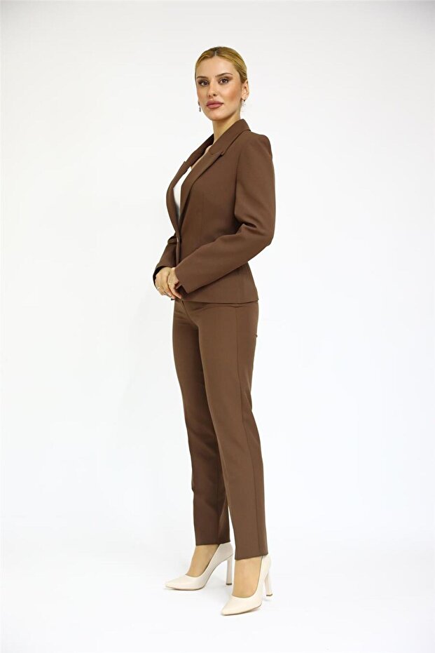 Erkek Yaka Tek Düğmeli Klasik Ceket & Dar Paça Pantolon-Kestane - 2