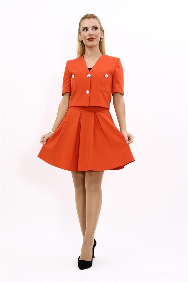 V-Neck Short Jacket & Short Flared Skirt-Orange - 1052542