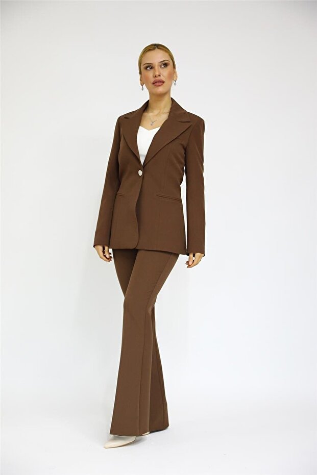 Erkek Yaka Tek Düğmeli Klasik Ceket & İspanyol Paça Pantolon-Kestane - 1