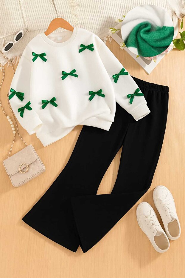 Bow Detailed Leggings Top and Bottom Girl Set