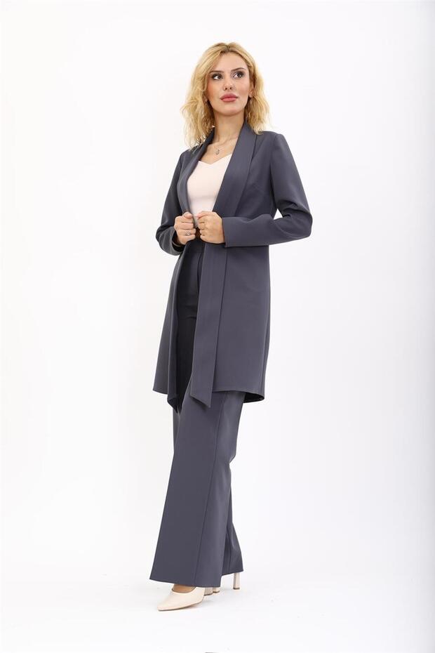 Shawl Collar Long Jacket & Wide Leg Trousers - Smoked - 1001520