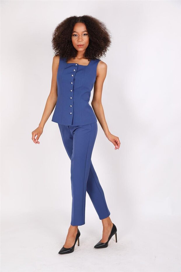 Buttoned Vest & Piped Leg Trousers Set - Indigo - 1511510