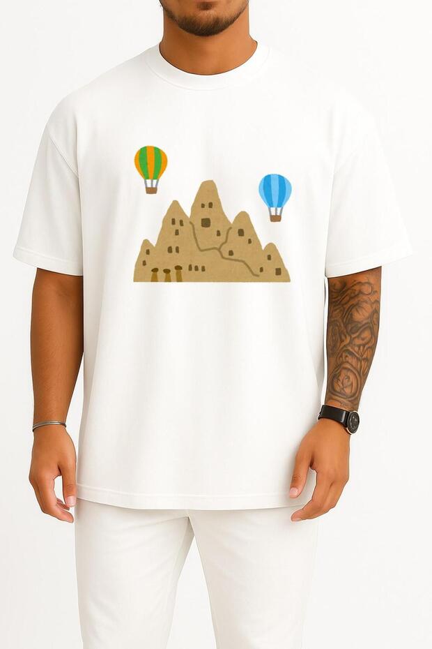 Oversize Cappadocia Fairy Chimneys and Balloons Chest Design Unisex T-Shirt