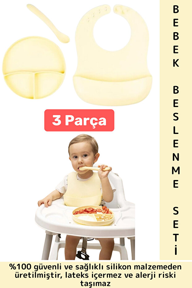 Non-Slip Healthy Bib Teether Spoon Vacuum Plate 3-Piece Silicone Baby Feeding Set Yellow