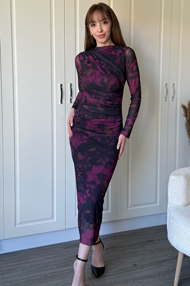 Drapeli Uzun Kollu Siyah Desenli Tül Elbise - 5