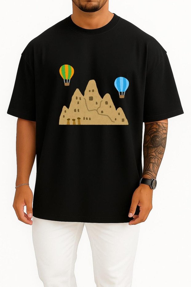 Oversize Cappadocia Fairy Chimneys and Balloons Chest Design Unisex T-Shirt