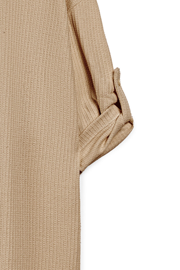 Yırtmaçlı Uzun Örme Elbise Bej - 4